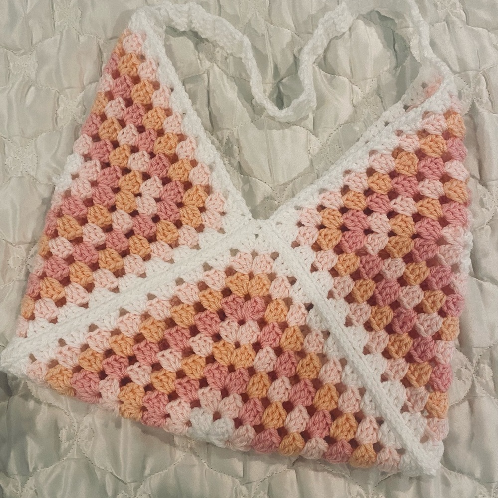 Handmade Crochet Tote Bag - Pink, Orange, and White